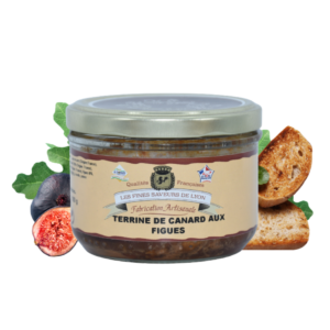 Montrer le produit de notre épicérie salée : la terrine de canard aux figues, produite par les fines saveurs de Lyon