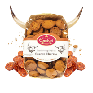Montrer le produit de notre épicérie salée : les biscuits salés et bouchées apéritives saveur chorizo, produits par la biscuiterie de Chambord