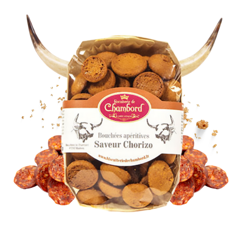 Montrer le produit de notre épicérie salée : les biscuits salés et bouchées apéritives saveur chorizo, produits par la biscuiterie de Chambord