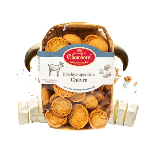 Montrer le produit de notre épicérie salée : les biscuits salés et bouchées apéritives au fromage de chèvre, produits par la biscuiterie de Chambord