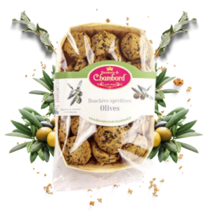 Montrer le produit de notre épicérie salée : les biscuits salés et bouchées apéritives aux olives, produits par la biscuiterie de Chambord