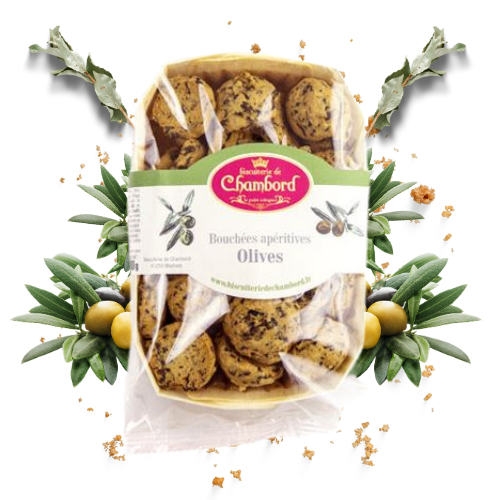 Montrer le produit de notre épicérie salée : les biscuits salés et bouchées apéritives aux olives, produits par la biscuiterie de Chambord