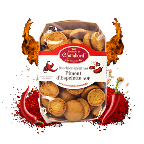 Montrer le produit de notre épicérie salée : les biscuits salés et bouchées apéritives au piment d'Espelette AOP, produits par la biscuiterie de Chambord